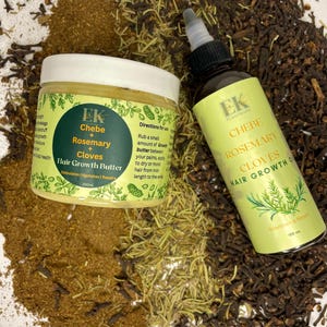 May include: Two hair care products, a jar of Chebe Rosemary + Cloves Hair Growth Butter and a bottle of Chebe Rosemary + Cloves Hair Growth Oil. Both products are labeled with the brand name EK Plantmade. The products are sitting on a surface covered in dried rosemary and cloves.