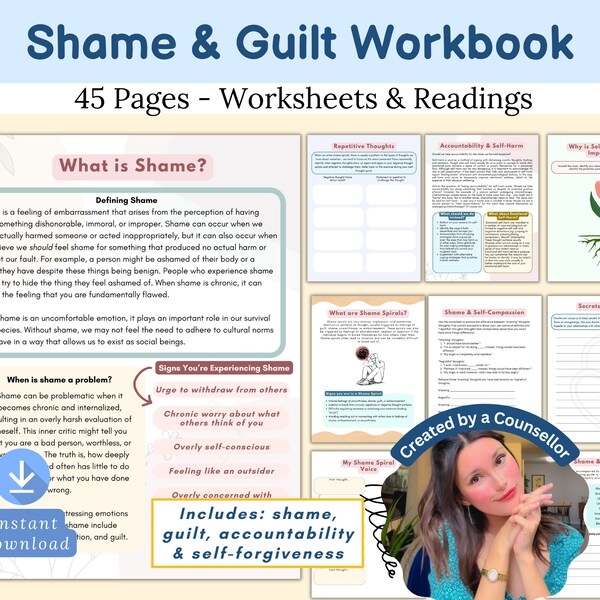 Shame Workbook, shame worksheets, shame spiral, guilt worksheet, accountability, therapy worksheets, CBT, self forgiveness, personal growth