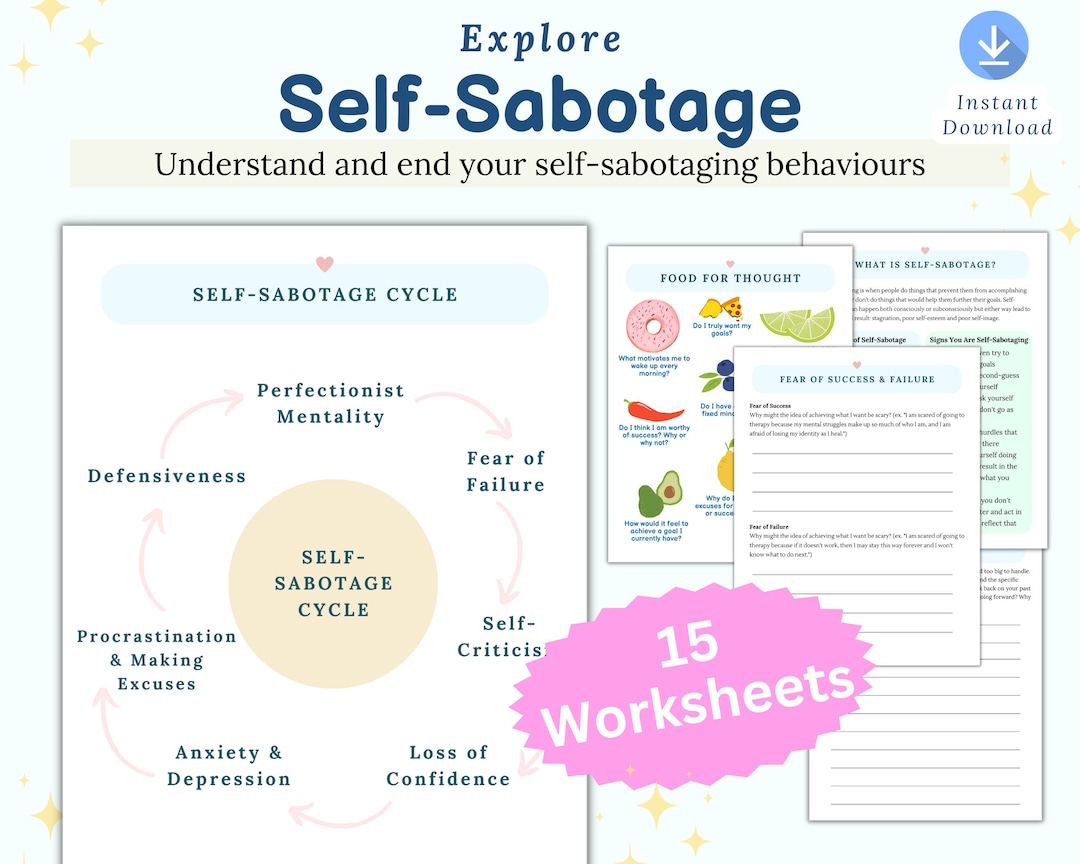 Selfsabotage Worksheets, Therapy Worksheets, CBT, DBT, Self Love, Self Help, Self Esteem