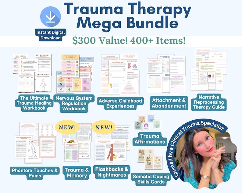 Trauma therapy bundle, trauma recovery, trauma healing, nervous system regulation, somatic exercises, trauma worksheet, PTSD CPTSD worksheet image 1