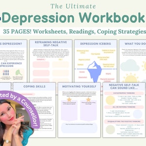 Depression Workbook, depression spiral, depression coping, cognitive restructuring, therapy worksheets, school counsellor, teen therapy