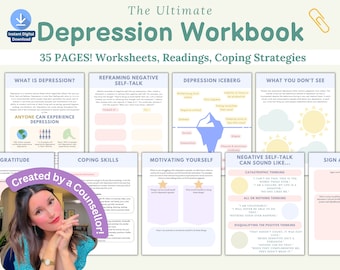 Cuaderno de ejercicios para la depresión, espiral de la depresión, afrontamiento de la depresión, reestructuración cognitiva, hojas de trabajo de terapia, consejero escolar, terapia para adolescentes