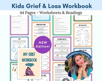 Kids Grief Worksheets, grief and loss workbook, grief journal, stages of grief, social emotional learning, school counselling, CBT worksheet