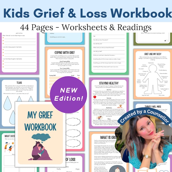 Kids Grief Worksheets, grief and loss workbook, grief journal, stages of grief, social emotional learning, school counselling, CBT worksheet