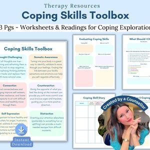 Può includere: Una risorsa stampabile per le capacità di coping con uno sfondo blu chiaro. Il titolo è "Coping Skills Toolbox" e il sottotitolo è "13 Pgs - Worksheets & Readings for Coping Exploration". La risorsa include fogli di lavoro per mettere in discussione i pensieri, la consapevolezza somatica, la connessione, la controazione, l'espressione di sé e la distrazione. C'è anche un foglio di lavoro per valutare le capacità di coping e un foglio di lavoro per scegliere le capacità di coping. La risorsa include anche un diario delle capacità di coping e una sezione per 5 capacità di coping. La risorsa è stata creata da un consulente.