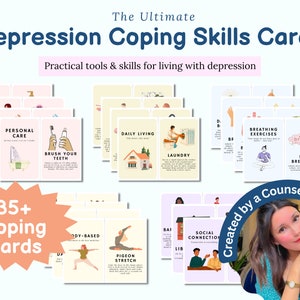 Depressie Coping Skills Cards, zelfhulp, zelfeffectiviteit, therapiehulpmiddelen, verlichting van depressie, verlichting van angst, opbouwen van eigenwaarde, CBT, DBT