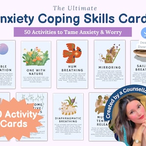 May include: A set of 50 illustrated cards with coping skills for anxiety and worry. The cards feature colourful illustrations and text with titles such as "Bubble Meditation", "One with Nature", "Hum Breathing", "Mirroring", "Sailboat Breathing", "Diaphragmatic Breathing", and "Muscle Tension Release". The cards are designed to help people manage anxiety and worry.