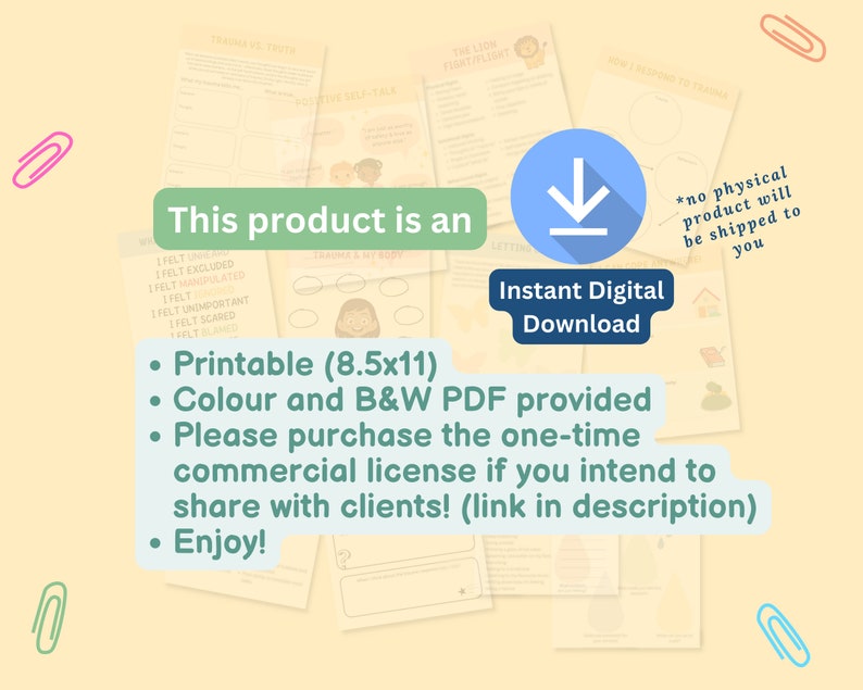 Puede incluir: Descarga digital imprimible de una hoja de trabajo titulada "Trauma & My Body." La hoja de trabajo est&aacute; dise&ntilde;ada para ayudar a las personas a identificar y procesar sus sentimientos relacionados con el trauma. La hoja de trabajo est&aacute; disponible en versiones en color y en blanco y negro.