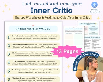 Inner Critic Worksheets, cognitive reframing, circle of control, CBT worksheet, thought challenging, confidence, self worth booster journal