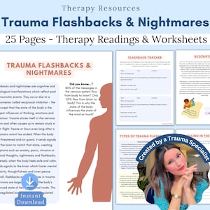 以下が含まれることがあります： トラウマによるフラッシュバックと悪夢のためのセラピーリソース25ページのデジタルダウンロード。リソースにはワークシートとリーディングが含まれています。表紙の画像には、テキスト「トラウマフラッシュバック＆ナイトメア」と「25ページ -セラピーリーディング＆ワークシート」が書かれた人物のシルエットが描かれています。