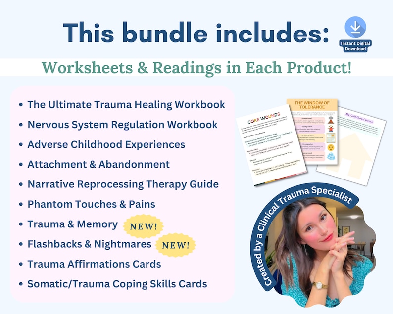 Trauma therapy bundle, trauma recovery, trauma healing, nervous system regulation, somatic exercises, trauma worksheet, PTSD CPTSD worksheet image 2