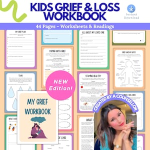 Kids Grief Worksheets, grief and loss workbook, grief journal, stages of grief, social emotional learning, school counselling, CBT worksheet