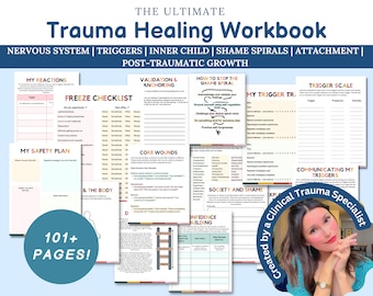 Könnte beinhalten: Ein farbenfrohes Arbeitsbuch mit dem Titel "Trauma Healing Workbook" und dem Text "Nervous System | Triggers | Inner Child | Shame Spirals | Attachment | Post-Traumatic Growth". Das Arbeitsbuch enthält Seiten mit Titeln wie "My Reactions", "My Safety Plan", "Freeze Checklist", "Validation & Anchoring", "How to Stop the Shame Spiral", "Core Wounds", "Confidence Building", "Trigger Scale", "My Trigger Triggers", "Society and Shame", "Communicating My Triggers" und "Created by a Clinical Trauma Specialist".