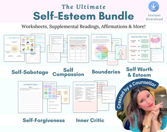 May include: A digital download bundle of worksheets, readings, and affirmations to help improve self-esteem. The bundle includes topics such as self-sabotage, self-compassion, boundaries, self-worth, and inner critic. The image features a collage of colorful worksheets with titles and a photo of a woman smiling.