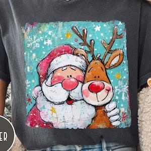 Santa and Reindeer Shirt Comfort Colors® Christmas Graphic Tee Festive Holiday Gift for Her Cozy Santa Claus Shirt Cute Xmas Tee