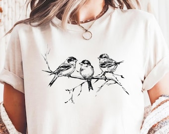Birds On Branch Shirt Songbird Line Art Tee Minimalist Nature Lover Gift for Her Him Unisex Cotton Vintage Botanical Wildlife Watcher Top