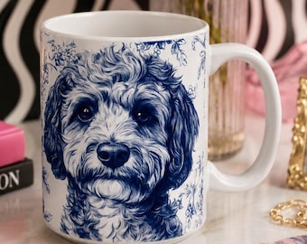 Toile Doodle Dog Mug French Blue Ceramic Coffee Cup Pet Lover Gift Goldendoodle Labradoodle 15oz