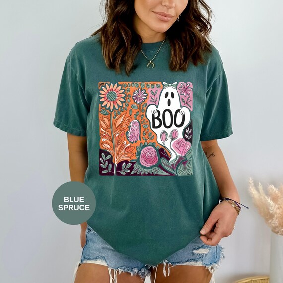 Boo Ghost Shirt Comfort Colors® Floral Halloween Tee Gift for Her Spooky Season Shirt Ghost Graphic Tee Trendy Halloween Fall Shirt Boho