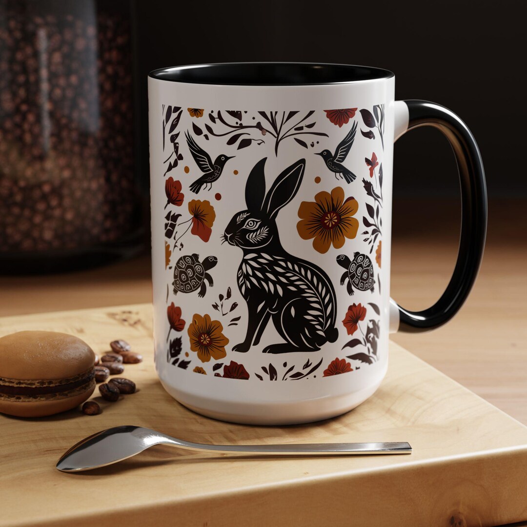 Rabbit Floral Mug Woodland Linocut Bunny Nature Coffee Cup Cottagecore ...