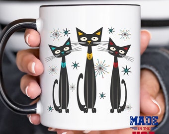 Mid Century Modern Cats Mug Retro Cat Lover Coffee Cup Atomic Age Ceramic Gift for Her Vintage Cat Lady 15oz