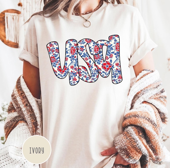 USA Floral Shirt Comfort Colors® Patriotic Graphic Tee Gift for Her 4th of July T Shirt Women Red White Blue Top America Flower Shirt