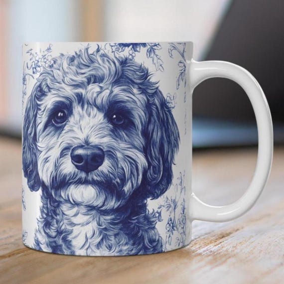 Blue Toile Doodle Dog Mug 11oz Floral Pet Lover Coffee Cup