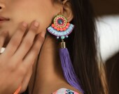 Boho Purple Tassel Earrings, Western Earrings, Evening Earrings, Party Earrings, Ear Accessory, Fashion Jewelry