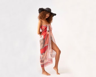 Silk Beach Scarf, Hand Drawing Bikini Cover Up, Silk Cotton Blend Summer Wrap