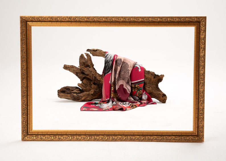 Sophisticated Shawl, Bird Sketch Twill Silk Scarf, Magenta Colored Foulard, Pink Headcover, Animal Themed Designer Shawl, Handmade Wrap image 6