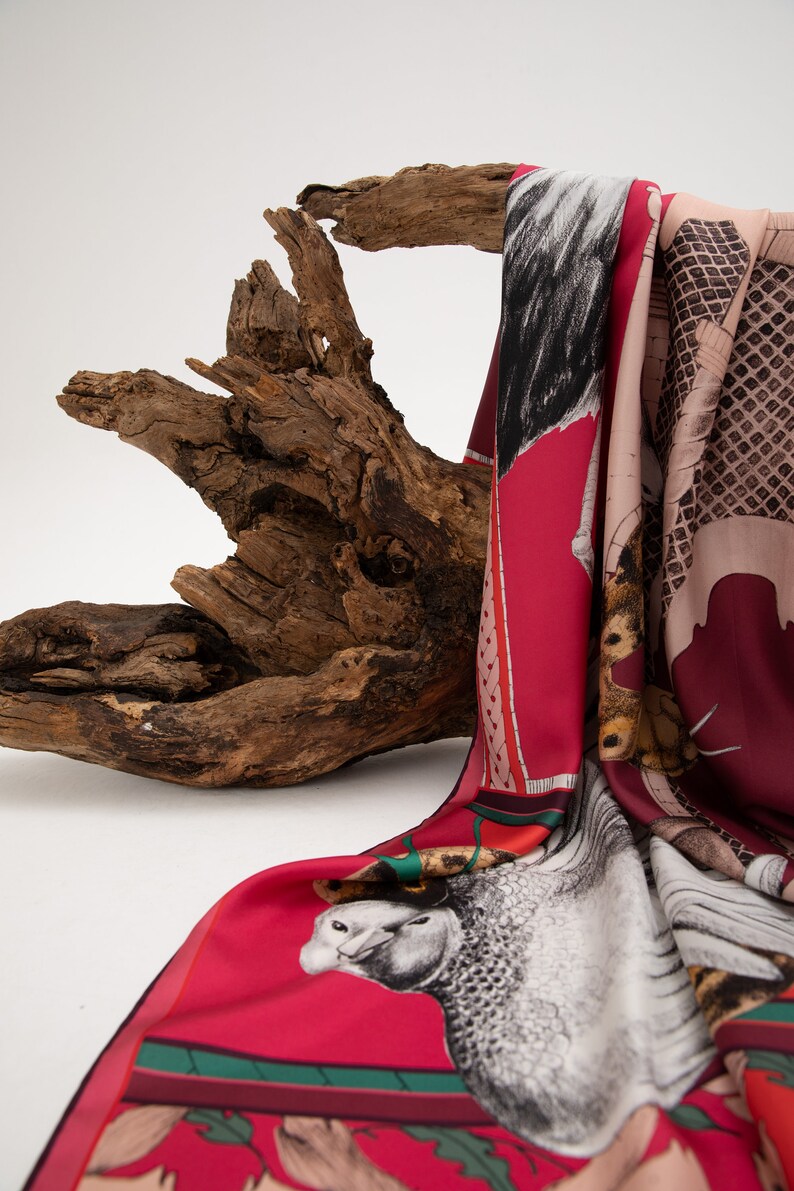 Sophisticated Shawl, Bird Sketch Twill Silk Scarf, Magenta Colored Foulard, Pink Headcover, Animal Themed Designer Shawl, Handmade Wrap image 8