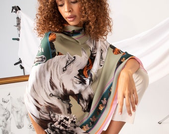 Horse Sketch Scarf, Luxury Hand Drawn Twill Silk Large Shawl, Top Quality Gift, Women All Seasons Wrap, Cool Foulard, Artist Design Sarong