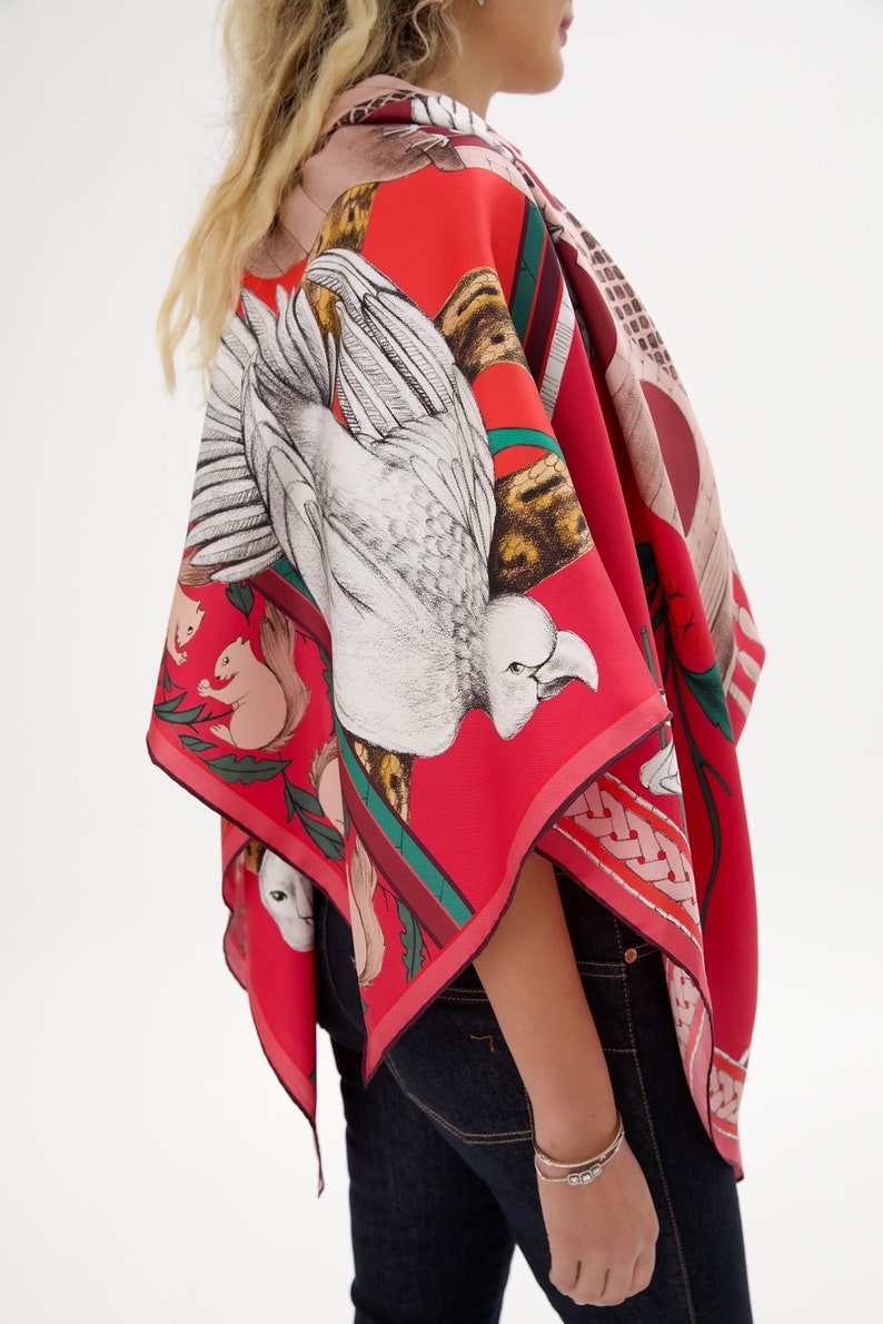 Sophisticated Shawl, Bird Sketch Twill Silk Scarf, Magenta Colored Foulard, Pink Headcover, Animal Themed Designer Shawl, Handmade Wrap image 2