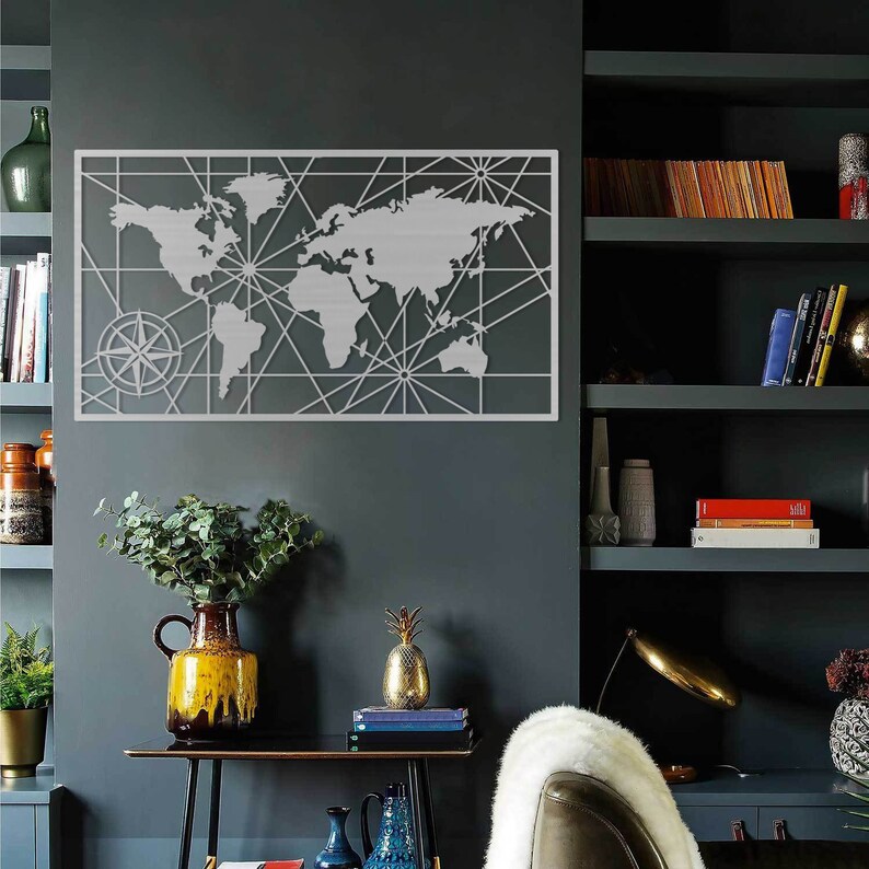 Metal World Map Wall Art World Map Compass Continent Metal Etsy