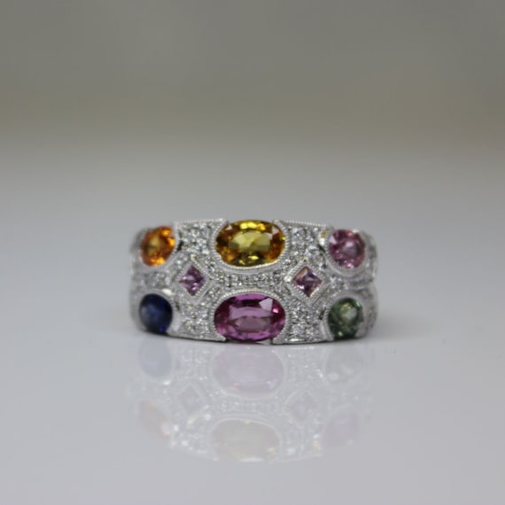 14k White Gold Sapphire and Diamond Ring,  Pink Sa