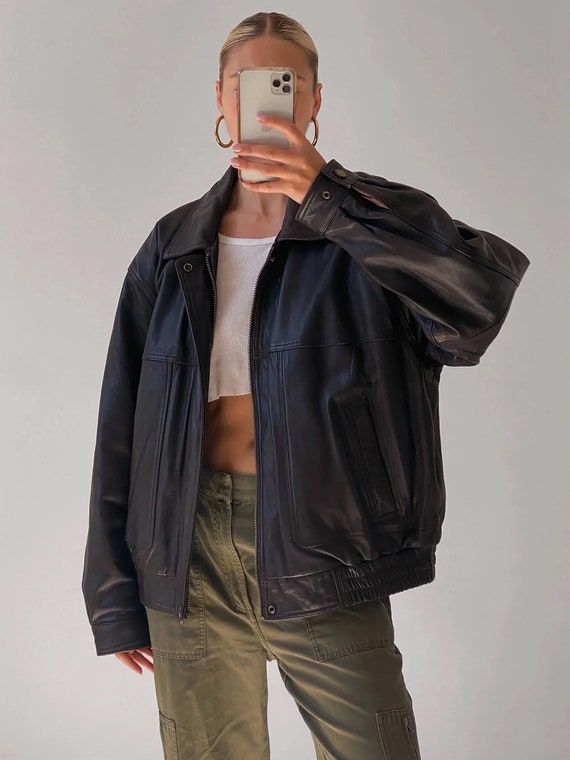 Women's 90s Fashion Custom Bomber Jacket, Oversize Black Leather Jacket,  Ladies, Girls Handmade Motorcycle ,gift for Halloween - Etsy