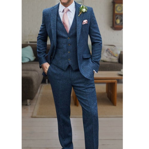 Mens Navy Blue Tweed Check Herringbone 3 Piece Suit Bespoke - Etsy