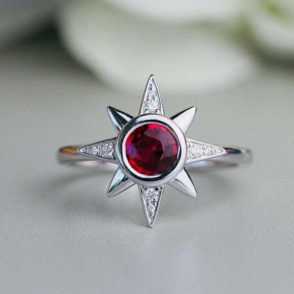 Starburst Ring, Wedding Solitaire Gold Ring, Starburst Women Ring, Engagement Ring, Gift For Mother, 14K White Gold, 1.8Ct Ruby Diamond Ring