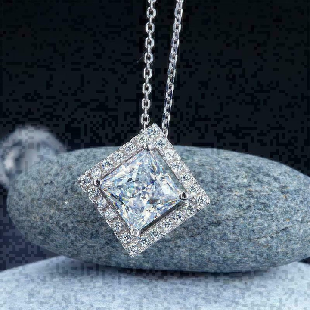Rhombus Shaped Necklace, 1.2ct Diamond Pendant, 14K White Gold Necklace
