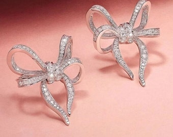 Bow Tie Ribbon Stud Earrings, Engagement Customized Women Gift Earrings, 14K White Gold Earrings, 2.8Ct Diamond Earrings, Girl Stud Earrings