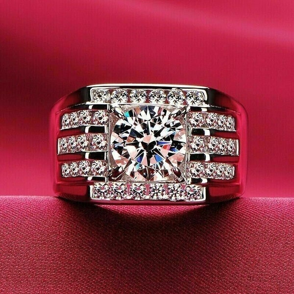 Men's Moissanite Ring, 14K White Gold, 2.1Ct Colorless Moissanite Ring, Men's Anniversary Ring, Office Wear Band, Gift Ring, Solitaire Ring
