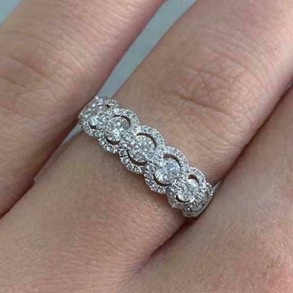 Women's Half Eternity Band, Engagement Anniversary Band, 14K White Gold Band, Halo Ring, 3.32Ct Diamond Band, Love Promise Ring, Bridal Ring