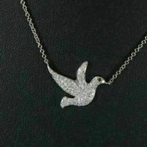 Frühbucher-Diamant-Anhänger, 14 Karat Weißgold, 1,9 Karat Diamant, Vogelliebhaber-Anhänger, kleiner Vogel-Anhänger, zierliche Geschenke für Babys und mit Kette