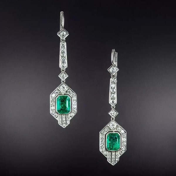 Drop Dangle Diamond Earrings, 14K White Gold Earrings, 2.0Ct Emerald Diamond Earrings, Engagement Earrings, Gift For Women, Wedding Earrings