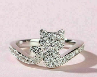 Dainty Kitty Cat Ring, Bypass Engagement Ring, Animal Ring, 14K White Gold Ring, Teenage Girl Ring, Wedding Promise Ring, 1.4Ct Diamond Ring