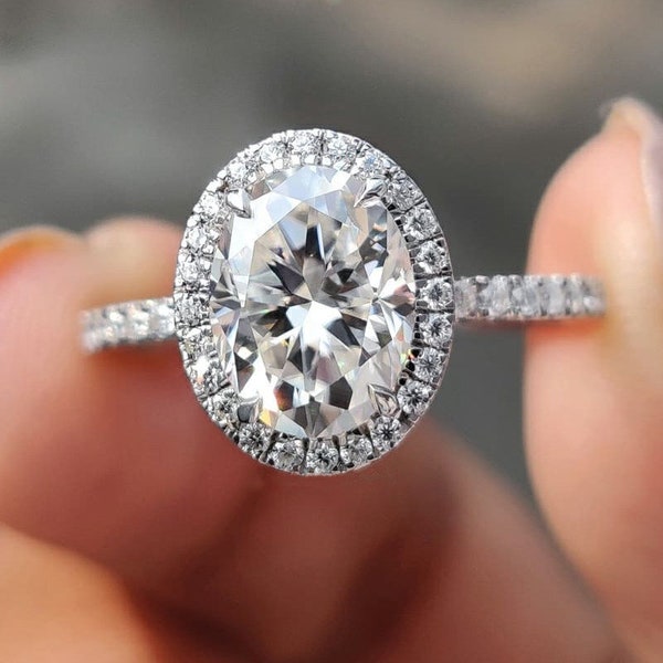 2.6Ct Oval Diamond Ring, 14K White Gold, Modern Engagement Ring, Wedding Promise Ring, Hidden Halo Ring, Solitaire Ring For Women, Gift Ring