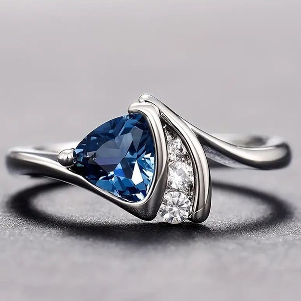 14K White Gold Ring, 2.3Ct Trilliant Sapphire Diamond Ring, Wedding Ring, Gift For Women, Bezel Ring, Engagement Gift Ring, Gift For Mother