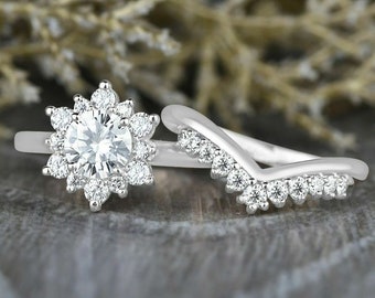 Flower Diamond Ring, 14K White Gold Over Ring, 1.5 Ct Round Moissanite Ring Set, V Shaped Diamond Band, Anniversary Gift Ring For Women's