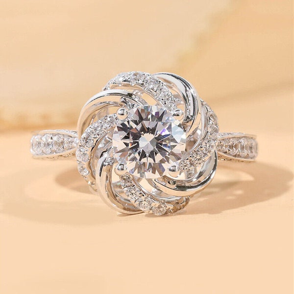 1.8Ct Colorless Moissanite Ring, 14K White Gold Ring, Swirl Flower Ring, Moissanite Flower Ring, Engagement Ring For Women, Gift For Friend