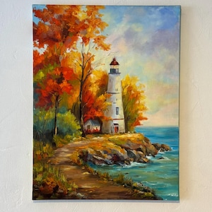 Lighthouse painting landscape Original art Lighthouse oil painting landscape medium artwork 18 by 24 inches