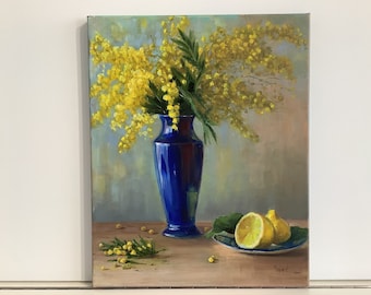 Mimosas et citron peinture florale Art original mimosas peinture à l'huile fleur moyenne oeuvre de 13 x 16 pouces